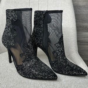Thalia Sodi Black Sparkle Mesh Heeled Boots size 6